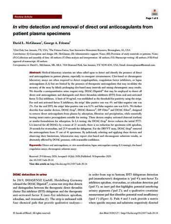 In vitro detection and removal of direct oral anticoagulants from patient plasma specimens